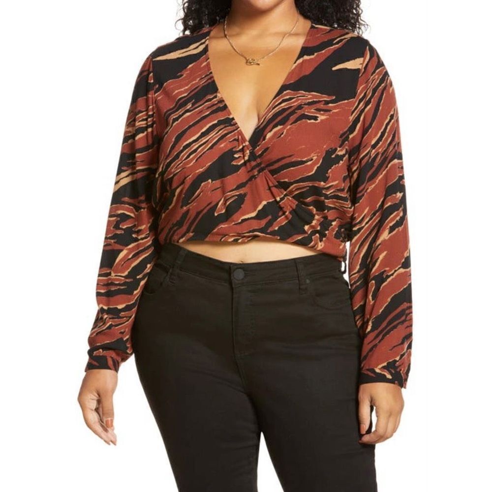 BP Womens Brown Burnout Tiger Stripe V Neck Surplice Wrap Crop Top Size 3X NWT